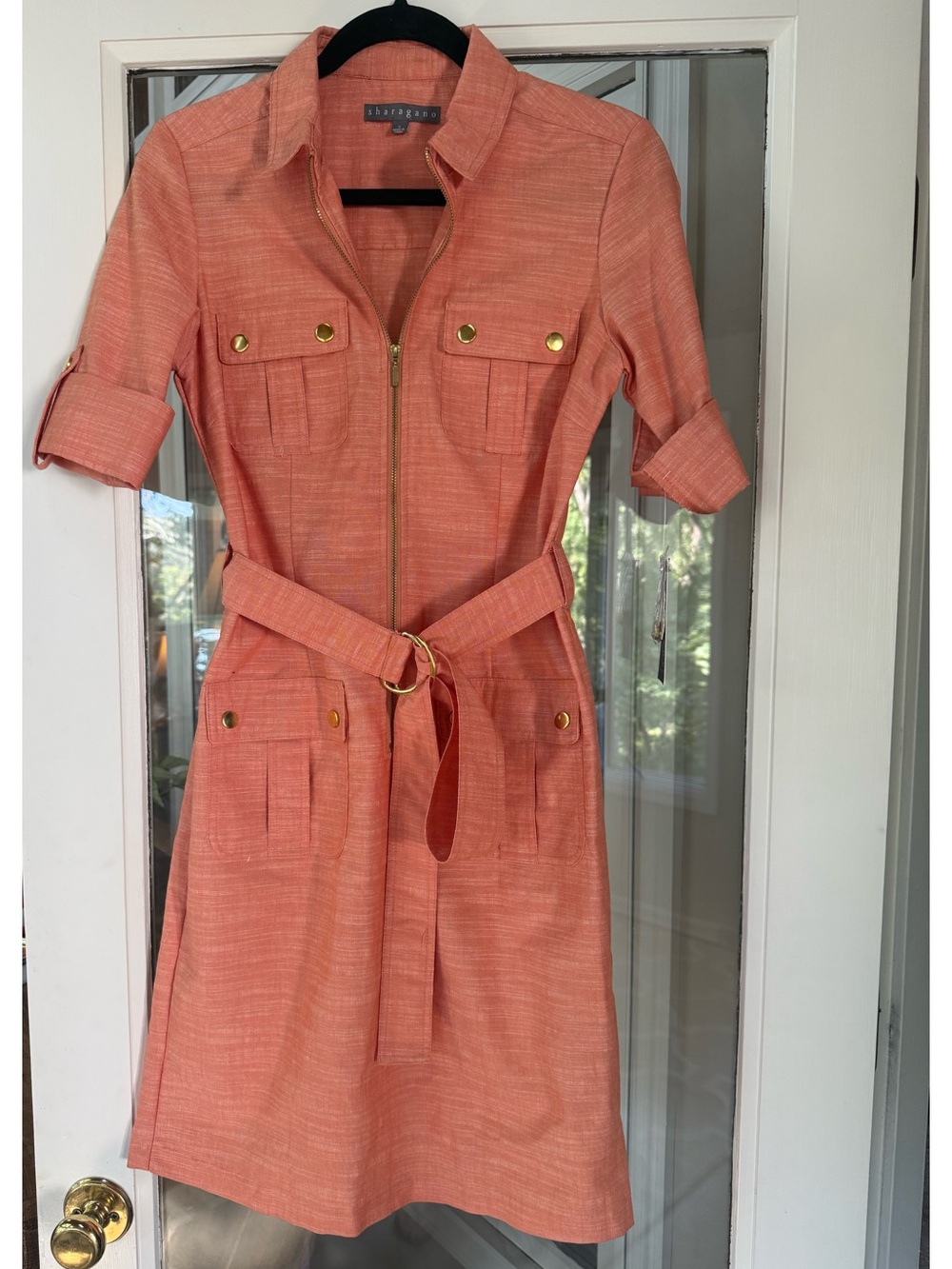 NEW w/ Tags Sharagano Coral Zip-Front Utility Mini Dress with Belt Sz Small